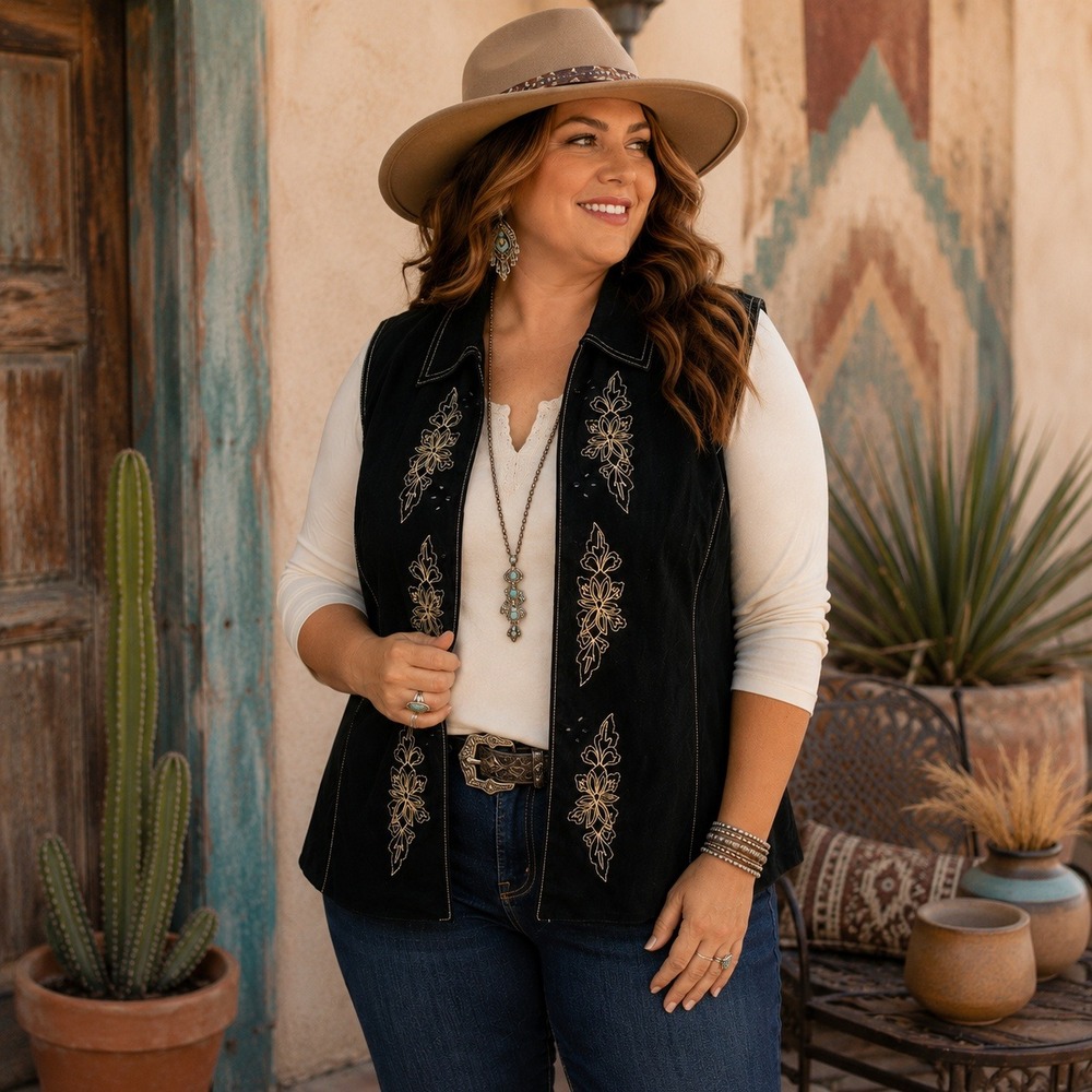 Coldwater Creek Vest Embroidered Suede Leather Black Western Boho Women's 1X